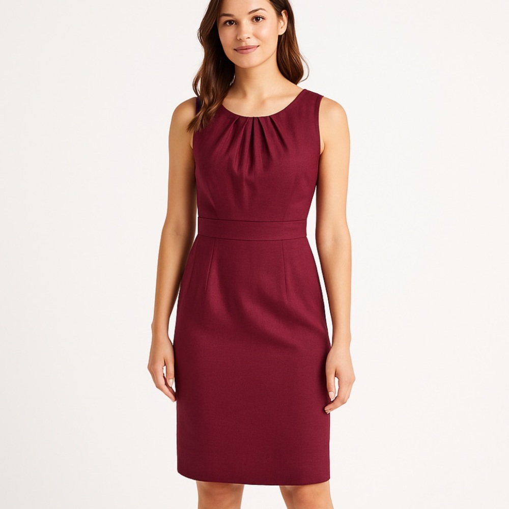 Boden Sleeveless Sheath Dress Sz 14L Pleated Neckline Burgundy Classic Holiday